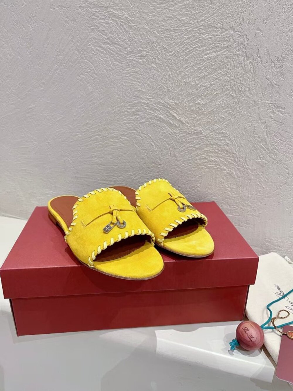 Loro Piana Yellow Bow Lock Charm Slide Sandals